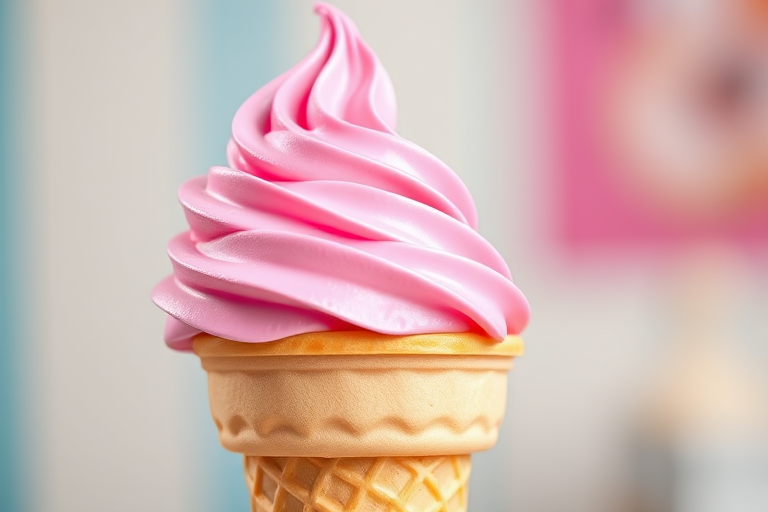 Create a vibrant and detailed illustration of a soft-serve ice cream cone with a pink swirl on top, using a high-resolution 50mm lens, aperture set to f/2.8 for depth of field, with a soft-focus background and bright, cheerful colors in a studio lighting setup.