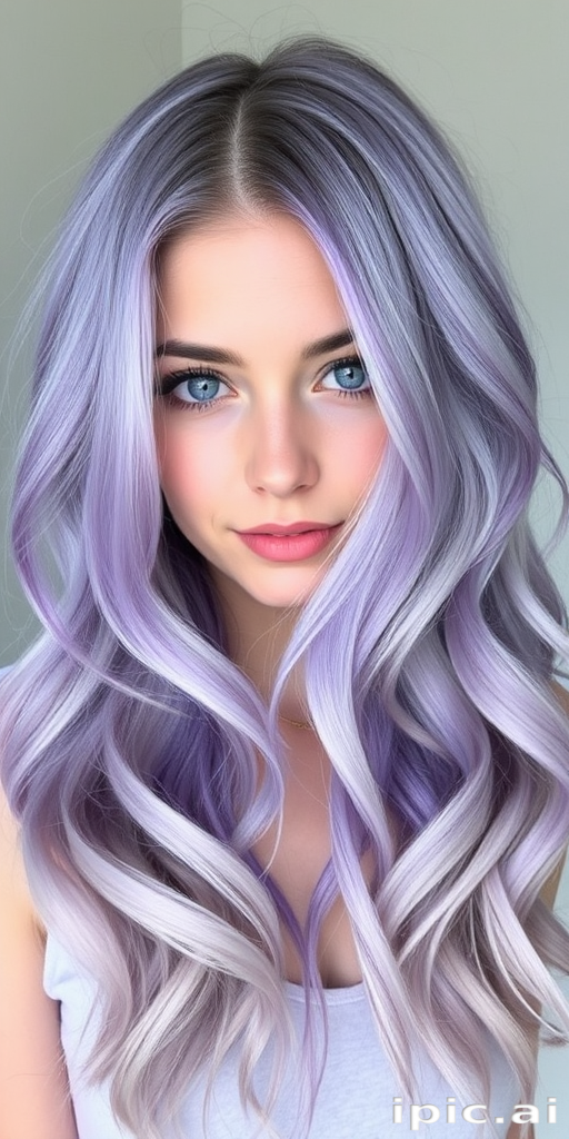 Stunning ombre lavender to silver hair cascades down in beachy waves, framing a delicate face with piercing blue eyes. The "Twilight Mist" style features subtle highlights that shimmer like moonlight on water, creating depth and dimension. Soft tendrils frame the face, while the back is styled in loose, effortless curls that evoke a dreamy, ethereal quality.