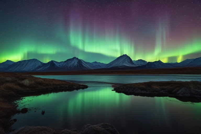 Majestic Northern Lights Dance Over Serene Mountains and Reflective Waters