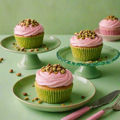 Create an image of two small round cakes on green cake stands. The cakes are coated with crushed pistachios on the sides and topped with a smooth pink frosting. Place a fork beside one of the cakes on a decorative glass plate. The background should be softly blurred to emphasize the cakes.