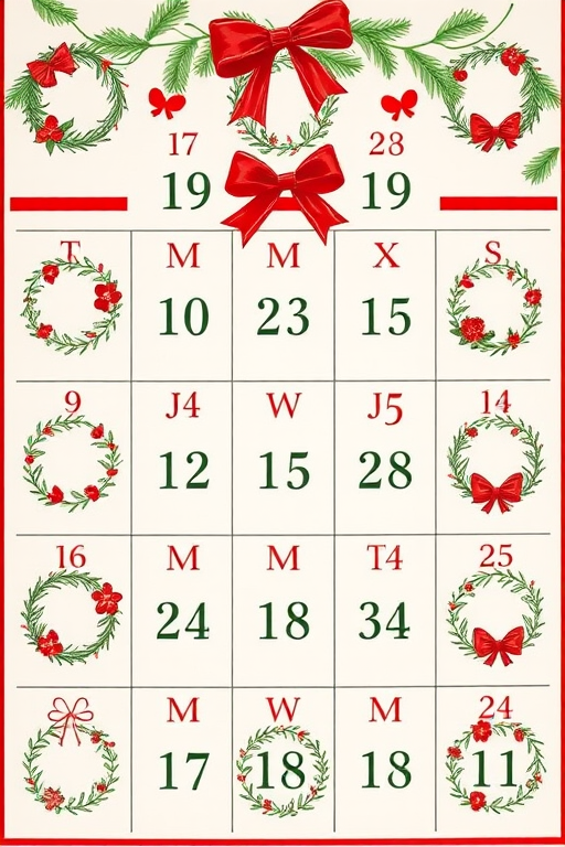 Create a high-resolution image of a printable advent calendar featuring 24 hand-drawn Christmas wreaths with a festive design and color palette, using a Canon EOS R5 with a 50mm f/1.2 lens, aperture set to f/2.8, ISO 100, in a top-down view to capture the intricate details and vibrant colors of the wreaths.