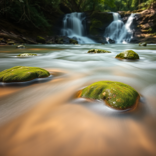 Capture a serene river scene with smooth flowing water over moss-covered rocks, surrounded by lush greenery and a cascading waterfall in the background, using a DSLR camera, wide-angle lens at f/11, shutter speed of 2 seconds for a silky water effect, ISO 100, and natural light to enhance colors and details.
