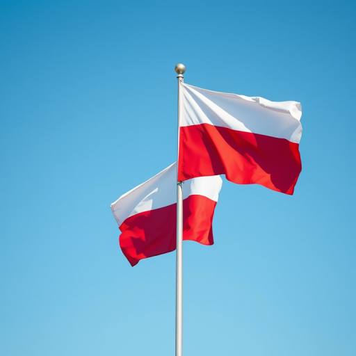 Create a high-resolution image of two Polish flags on a pole, using a DSLR camera with a 50mm lens, aperture f/2.8, ISO 100, shooting from a slightly low angle to emphasize the flags in a clear blue sky background.