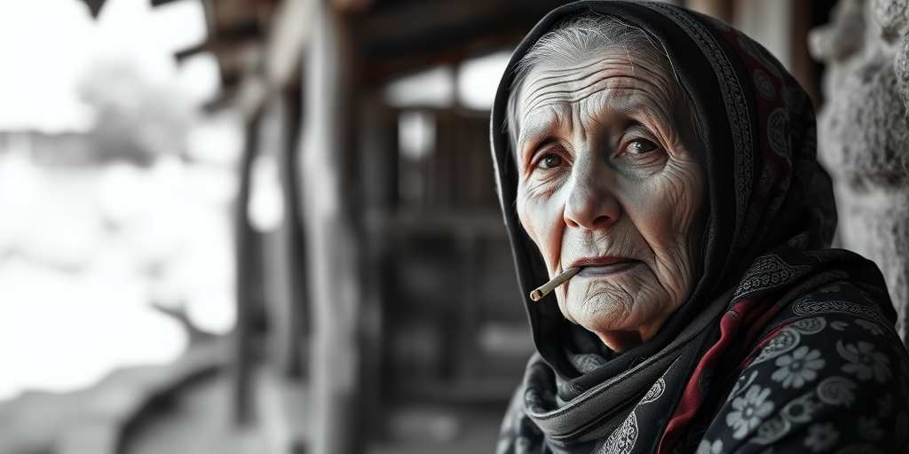 Capture a close-up portrait of an elderly woman sitting under a wooden structure, smoking and wearing a traditional headscarf, in black and white, using a DSLR camera with a 50mm lens, aperture f/2.8, ISO 100, natural light, shallow depth of field for a soft background blur.