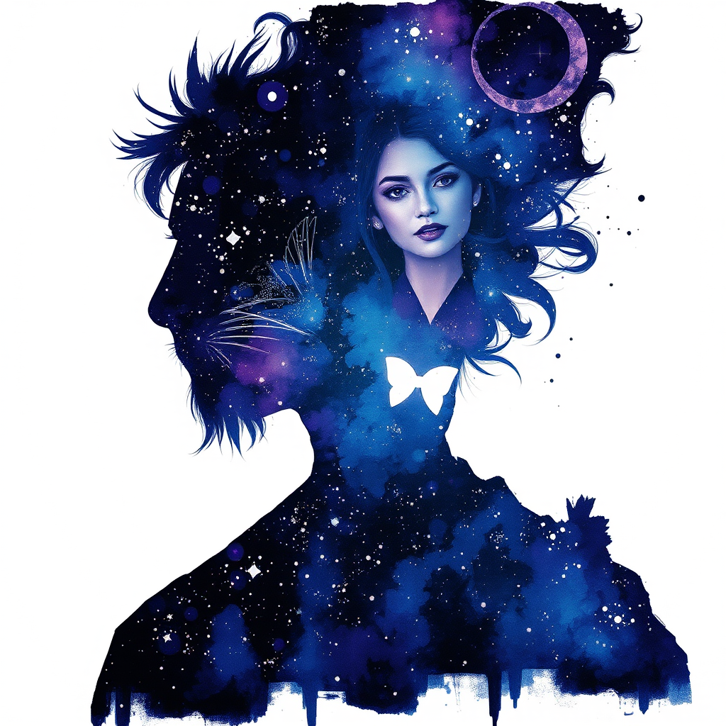 Captivating conceptual render alcohol ink art, double exposure, the paint strokes artfully merge combining a woman's full silhouette with a Swinging monkey's silhouette. The figures are composed of a series of colored dots, lines & spots that evoke the image of a cosmic galaxy, colors are deep shades of blue purple & black with flashes of white & silver representing distant stars. The woman's silhouette is formed within the lion's silhouette from constellations of scattered stars, surreal