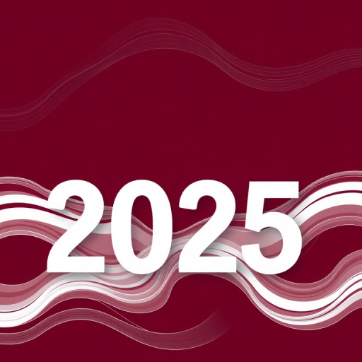 Generate a modern digital artwork featuring the year 2025 with flowing wave-like patterns in white on a deep burgundy background, captured with a Canon EOS R5, 50mm lens, f/1.8 aperture, ISO 100, and high dynamic range to enhance details and contrast.