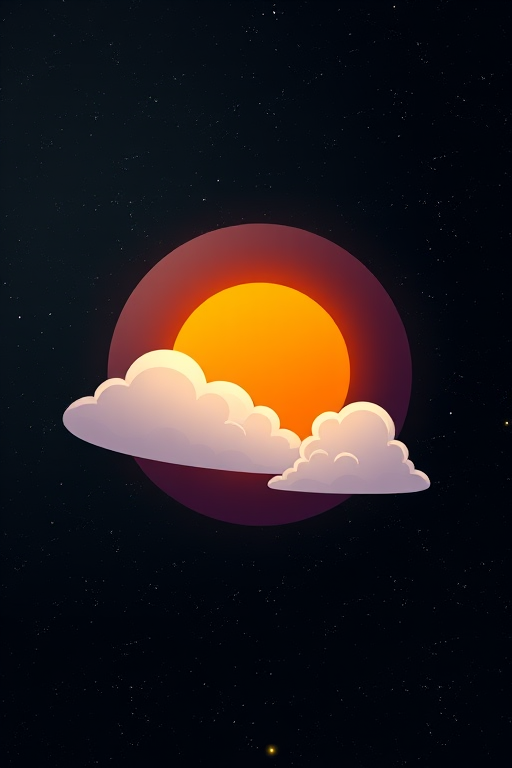 Generate a digital illustration of a stylized planet with an orange sun surrounded by white clouds on a dark starry background, using a DSLR camera with a 50mm lens, f/2.8 aperture, ISO 100, and soft focus for a dreamy effect.
