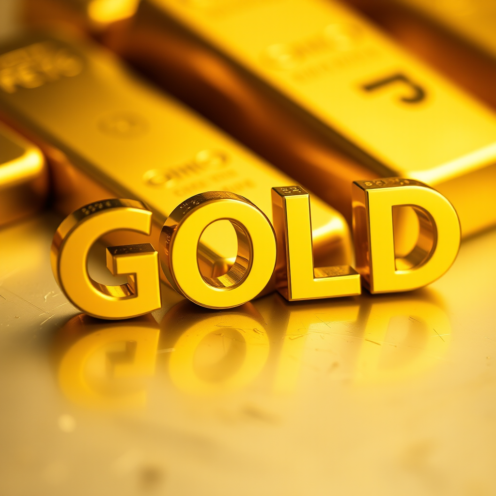 Create an image of the word GOLD with gold bars in the background, shot with a Canon EOS R5 at f/8, ISO 100, 1/200 sec, using a shallow depth of field and a top-down perspective to enhance the brilliance of the gold.