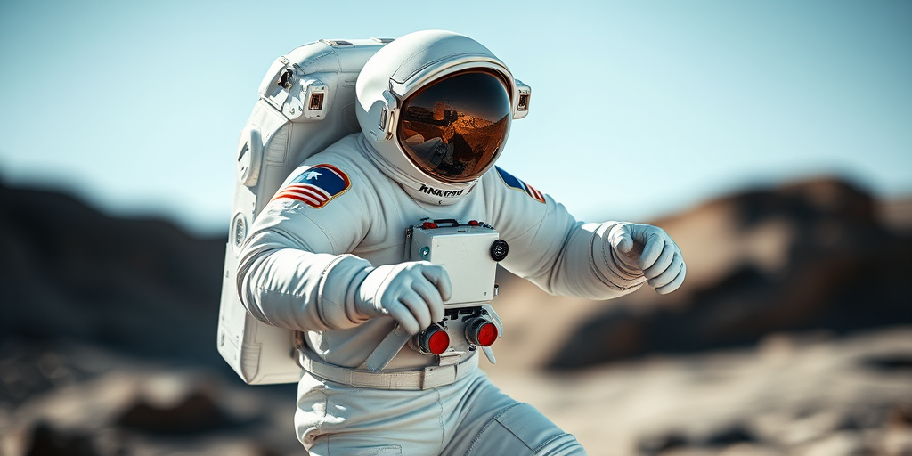 Create a high-resolution image of a space astronaut in a dynamic pose with a detailed spacesuit, using a DSLR camera with a 35mm lens, aperture set to f/2.8, ISO 100, and a shallow depth of field for a clear background.