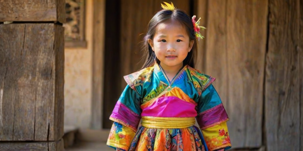 A beautiful Lao girl, wearing colorful bird clothing with vibrant colors