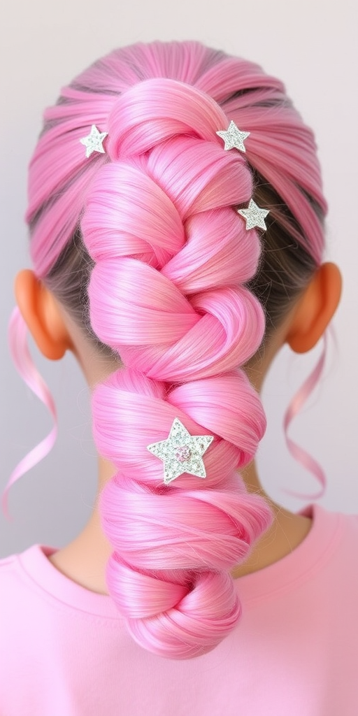 Playful bubble ponytail in cotton candy pink, featuring multiple hair ties creating spherical sections, adorned with glittery star-shaped clips for a fun twist