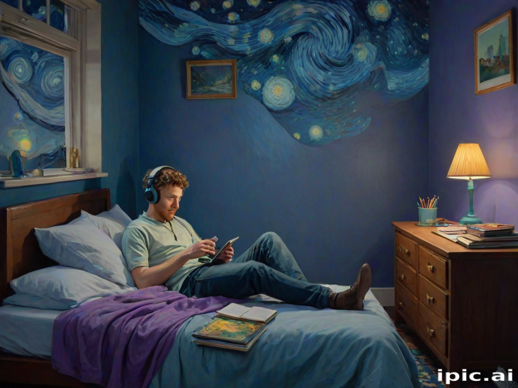 A top-down Van Gogh-style painting of a young man lying on his bed, listening to music with headphones. The room is softly lit with deep blues and purples, creating a peaceful nighttime atmosphere. The bed has a soft pillow, and the man's arms are resting behind his head. Around the bed, various glowing gadgets such as a smartphone, a laptop, and a small lamp are visible, casting a gentle light. The rest of the bedroom includes a desk with books, a chair, and a small rug on the floor. A window near the bed reveals a starry night sky with swirling stars, reminiscent of Van Gogh's 'Starry Night.' On the desk, there is a sketchbook with colorful drawings, a cup of coffee steaming gently, and a small potted plant. The walls have posters of famous paintings and a corkboard with pinned notes and photos. The scene is full of dynamic, swirling brushstrokes, capturing the essence of Van Gogh's unique style. The overall mood is serene and contemplative, with a touch of artistic inspiration.