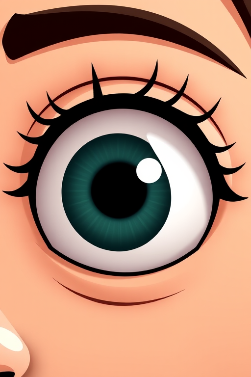 Generate an image of a cartoon eye, using a DSLR camera with a 50mm lens at f/2.8, ISO 100, shot from a front view in high-resolution digital format.