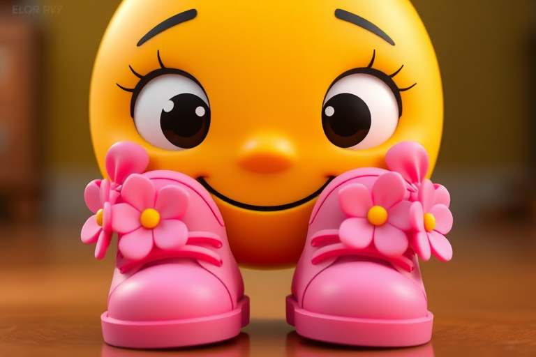 Create a 3D animated character of a smiling yellow face with large eyes and pink shoes with flowers, using a Canon EOS R5 camera, 50mm lens, f/1.8 aperture, ISO 100, low-angle view, soft lighting, vibrant colors, and a high-resolution output.