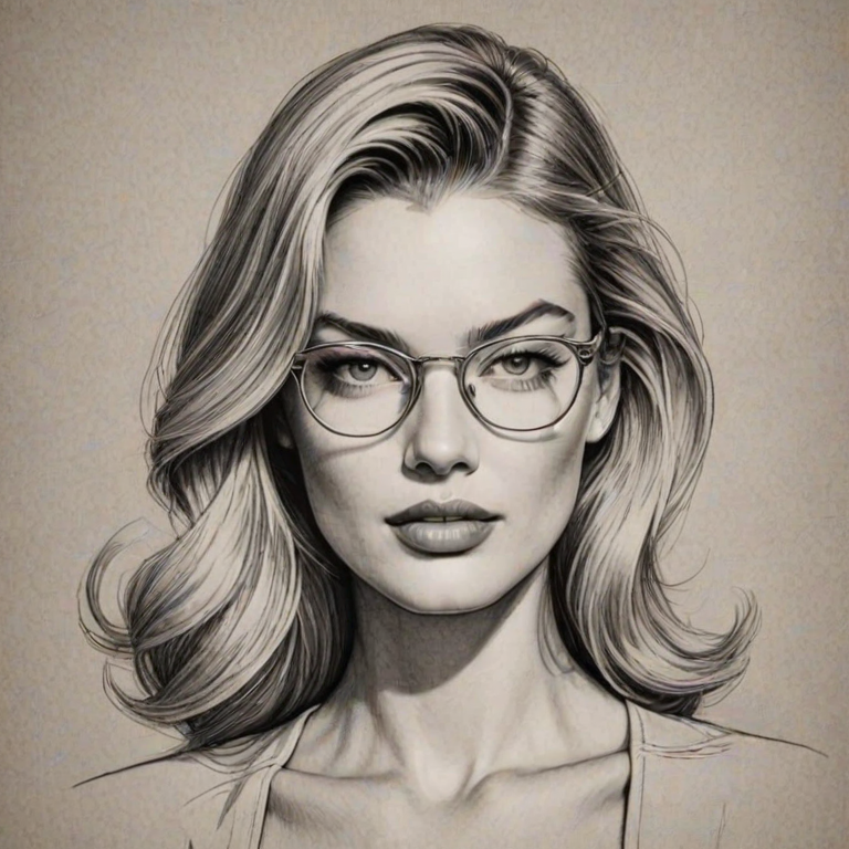 Fetching Martha Hunt, pencil sketch, portrait of Alluring woman 1942s in glasses, hair style beatnik, outline, clear lines, fine lines, 8k