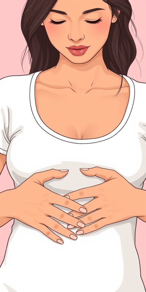 Create a high-resolution illustration of a woman with medium skin tone gently placing her hands over her stomach in a heart shape, with a soft pink background, using a DSLR camera set to f/2.8, 1/125s, ISO 100, shot from a slightly elevated angle to capture details and enhance depth of field.