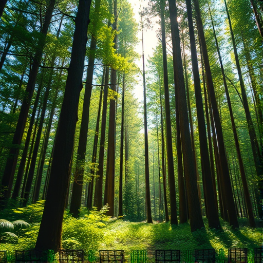 create a dense forest scene with tall, straight tree trunks, dappled sunlight filtering through the leaves, vibrant green foliage, and a soft undergrowth, captured with a Canon EOS R5, 50mm lens, aperture f/2.8, ISO 100, 1/200 sec, using a wide-angle perspective at eye level.