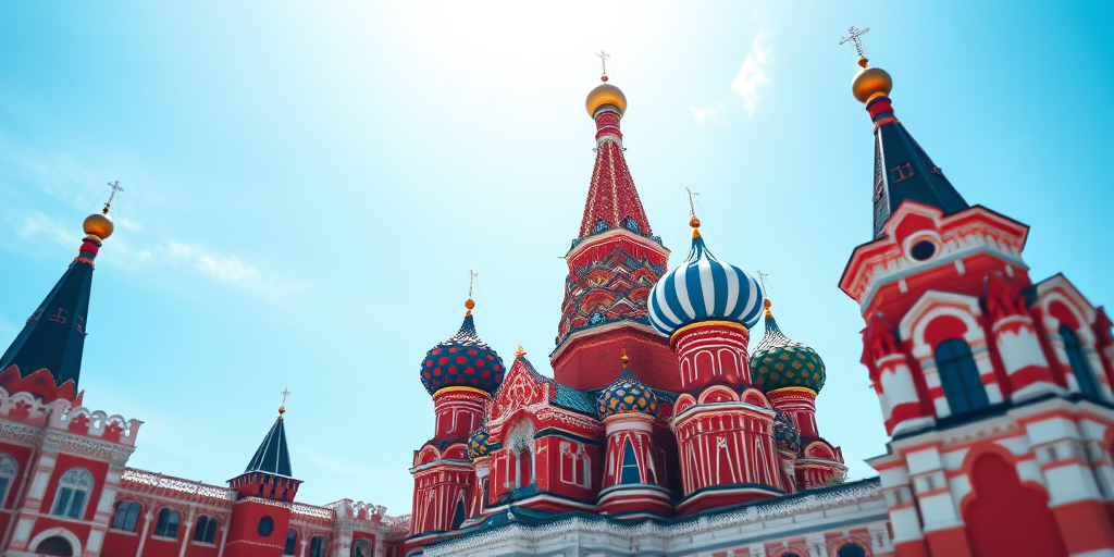 Generate a vibrant illustration of St. Basil's Cathedral in Moscow, capturing the ornate domes and colorful architecture with a clear blue sky backdrop, using a Canon EOS R5 camera, 24mm lens, f/8 aperture, ISO 100, and a soft focus effect to enhance the dreamlike quality.
