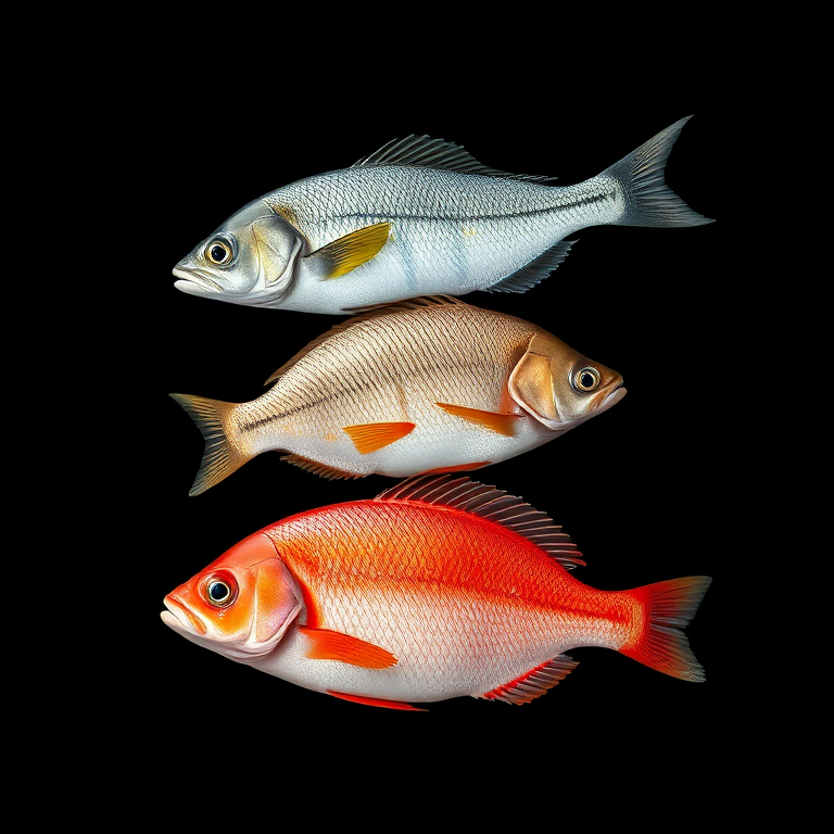 highly detailed illustration of three different types of fish arranged vertically, vibrant colors and textures, black background, shot with a Canon EOS R5, 100mm macro lens, f/8 aperture, ISO 100, soft lighting for enhanced detail and clarity