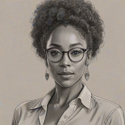Pleasing Simone Missick, pencil sketch, portrait of Alluring woman 1969s in glasses, hair style beatnik, outline, clear lines, fine lines, 8k