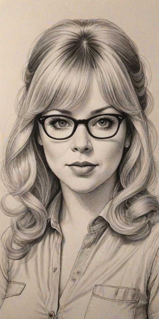 Enticing Kirsten Vangsness, pencil sketch, portrait of Charming woman 1974s in glasses, hair style beatnik, outline, clear lines, fine lines, 8k