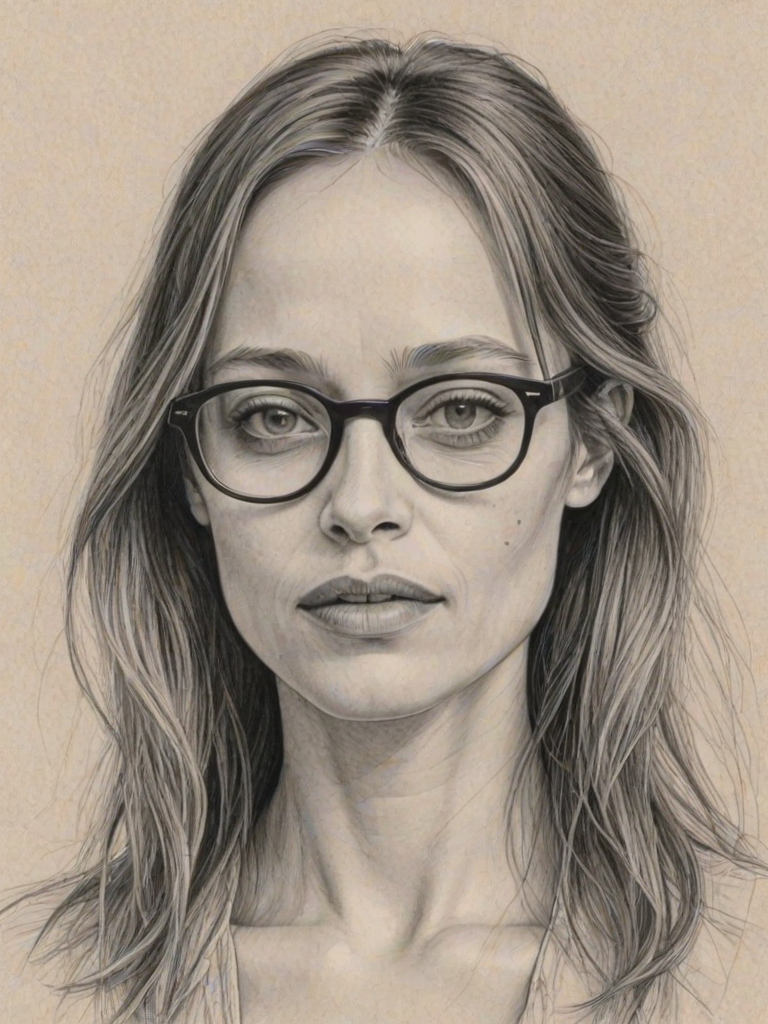 Elegant Fiona Apple, pencil sketch, portrait of Sublime woman 1963s in glasses, hair style beatnik, outline, clear lines, fine lines, 8k