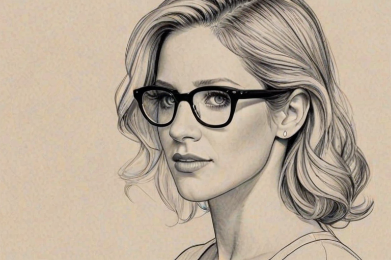 Pleasing Brittany Snow, pencil sketch, portrait of Captivating woman 1949s in glasses, hair style beatnik, outline, clear lines, fine lines, 8k