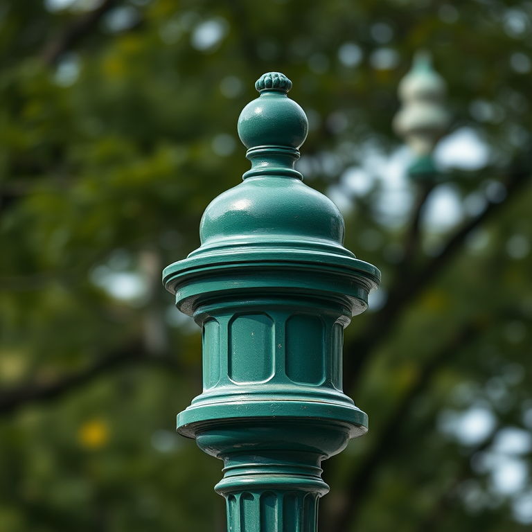 Create a high-resolution image of a traditional green street post with a domed top, captured using a DSLR camera at f/4.5, ISO 100, 1/250 sec, with a 50mm lens from a low angle for an authoritative perspective and a shallow depth of field to blur the background.