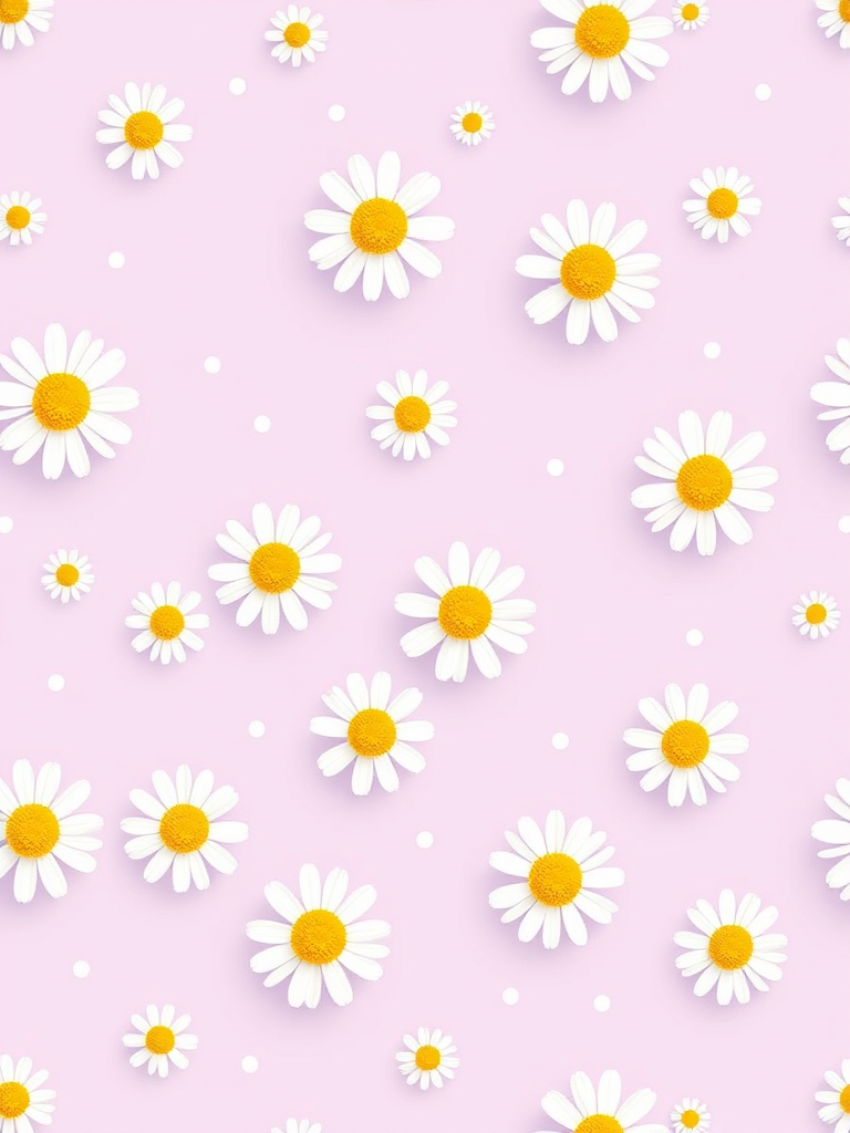 create a seamless pattern featuring small white daisies with yellow centers on a soft lavender background with scattered white dots