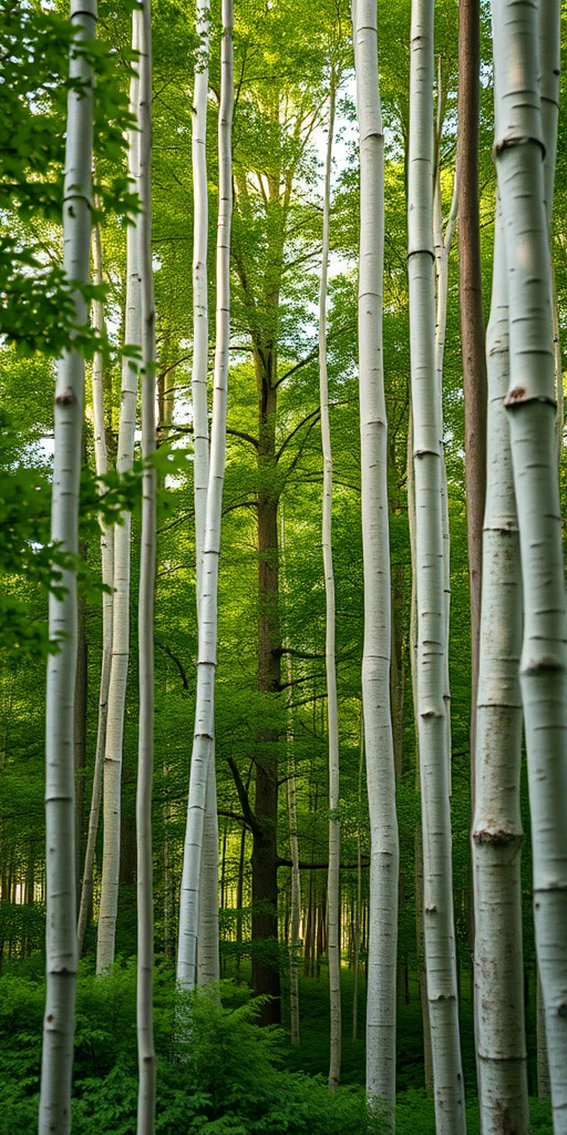 a dense forest with tall, slender white trees and vibrant green foliage, captured with a Canon EOS R5 at f/8, ISO 100, 1/125 sec, using a 24-70mm lens with a shallow depth of field to emphasize the tree trunks and soft background blur, natural lighting, high-resolution details