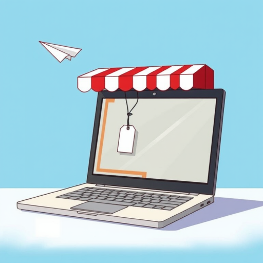 Create a digital illustration of a laptop with a storefront awning, featuring a paper plane flying out with a tag attached, set against a bright blue background; use a Canon EOS 5D Mark IV with a 24-70mm f/2.8 lens, aperture f/8, ISO 100, and a slight vignette to enhance focus on the laptop.