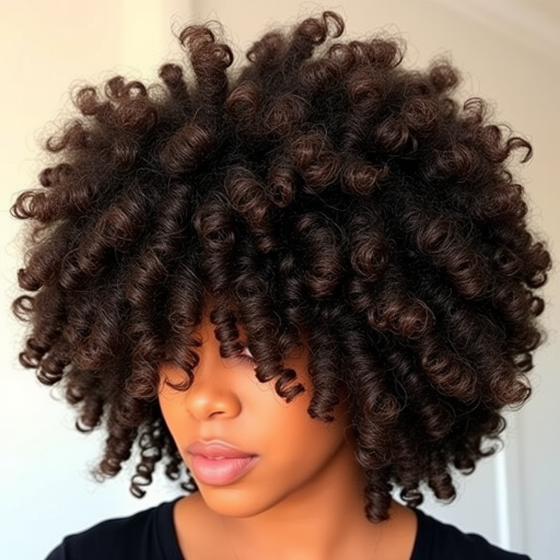 Luscious chocolate brown curls styled in a voluminous afro, called "Cocoa Cloud," showcase natural texture and depth with subtle caramel highlights throughout