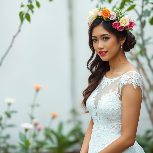 garden scene, Filipina bridal model, delicate lace gown, floral headpiece, soft romantic focus, high-key lighting and an 85mm lens for soft, even tones that highlight the model’s face and bright outfit against a white or light background