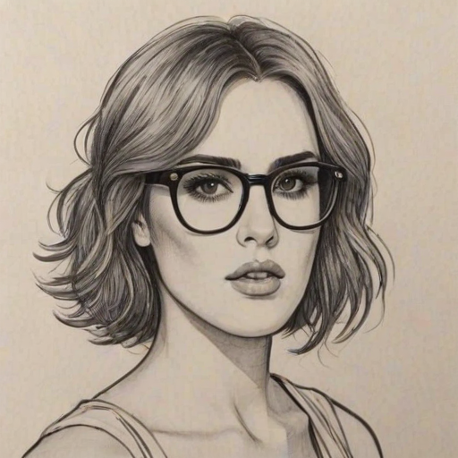 Attractive Rumer Willis, pencil sketch, portrait of Sublime woman 1977s in glasses, hair style beatnik, outline, clear lines, fine lines, 8k