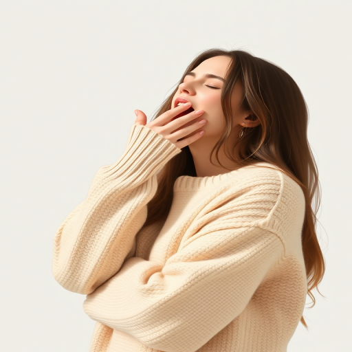 Create a high-resolution digital illustration of a woman with long hair, wearing a soft, oversized beige sweater, yawning and covering her face with one hand, set against a minimalistic light grey background, using a Canon EOS R5 with a 50mm lens, aperture f/1.8, ISO 100, natural lighting for a soft, inviting atmosphere.