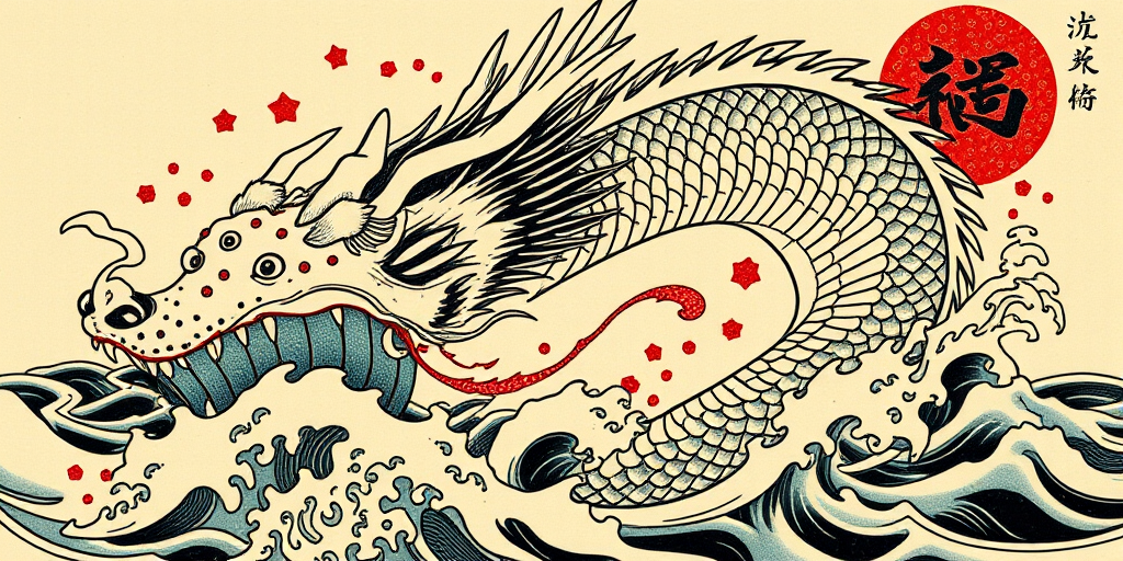Japanese-inspired irezumi tattoo depicting a fierce dragon emerging from crashing waves, bold outlines and vibrant colors, intricate scales and traditional motifs, full-body coverage design