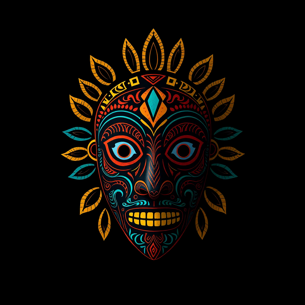 Create a high-resolution digital artwork of a stylized tribal mask with intricate line patterns and vibrant colors on a black background, using a Canon EOS R5 with a 50mm f/1.2 lens at f/2.8 and ISO 100, capturing in landscape orientation with natural lighting for enhanced detail and sharpness.