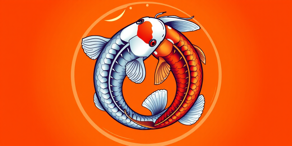 Illustration of two koi fish intertwined in a circular pattern with a vibrant orange background, high resolution, 300 DPI, macro lens, top-down view, digital art style, created with a tablet in Adobe Illustrator.
