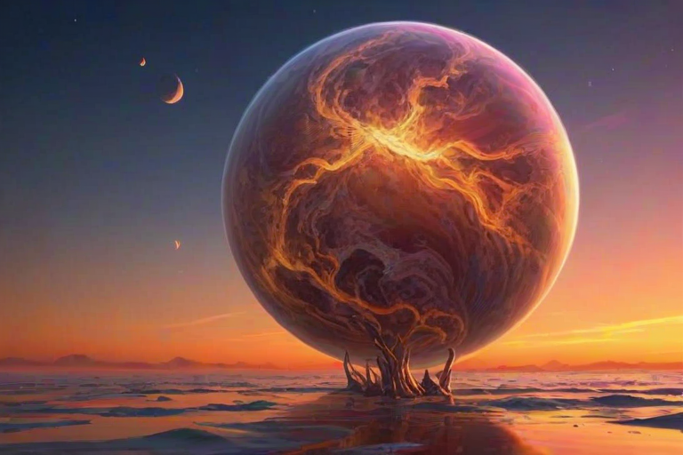 Digital art, In a world where animals can live, a vibrant and intricate digital artwork comes to life. The Venus is depicted in stunning detail, with its smooth surface reflecting the colors of the sunset sky. aidmasoftglow