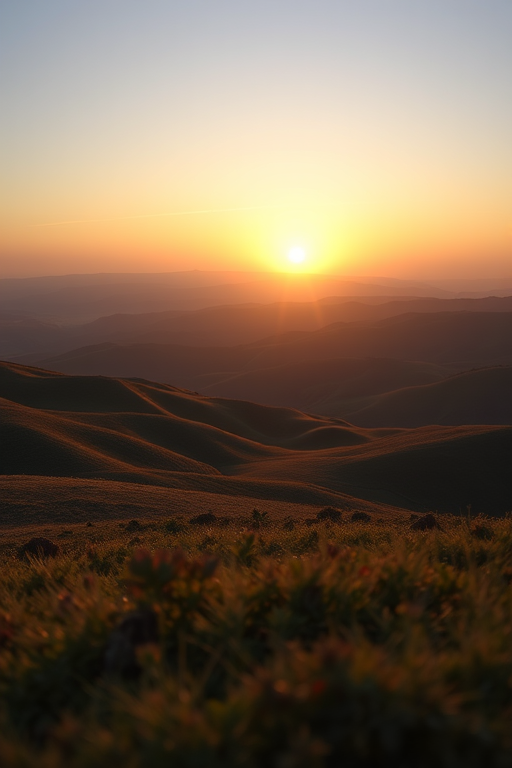Create a high-resolution image of a serene landscape featuring rolling hills and a sunset, using a DSLR camera with a 50mm lens, aperture set to f/2.8, ISO 100, and a focal length of 35mm, taken from a low angle perspective to emphasize the foreground and enhance depth.