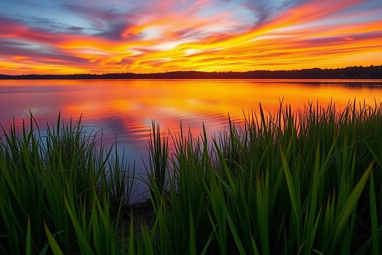 Generate a serene sunset over a calm lake with vibrant orange and purple hues in the sky, rich reflections on the water, lush green grass in the foreground, captured with a Canon EOS R5, 24mm lens, f/8 aperture, ISO 100, and a shutter speed of 1/125 seconds, at golden hour.