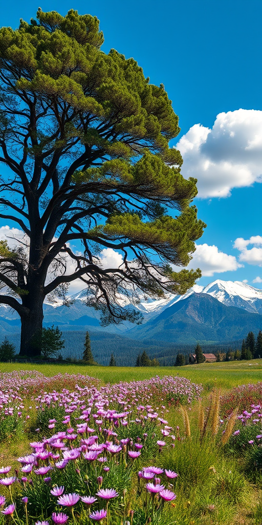 regenerate a vibrant landscape scene featuring a large tree on the left, a field of wildflowers with purple blooms in the foreground, majestic snow-capped mountains in the background, and a clear blue sky with fluffy white clouds; use a Canon EOS R5, aperture f/8, ISO 100, 24mm focal length, and a wide-angle perspective for enhanced depth and detail.