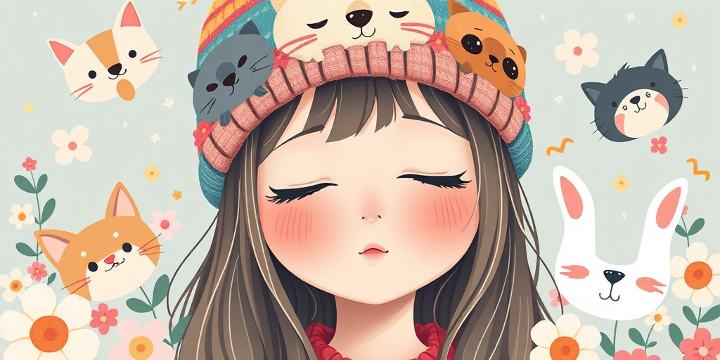 Create a whimsical illustration of a girl with closed eyes and long hair, wearing a colorful beanie adorned with a cat and a dog, surrounded by flowers and cute, cartoonish animal faces, soft pastel colors, shot with a Canon EOS R5, 50mm lens, f/1.8 aperture, natural light, shallow depth of field.