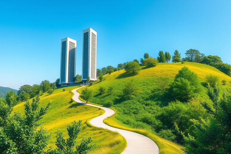 Create a vibrant digital illustration of a modern cityscape with three tall white skyscrapers on a green hillside, featuring a winding path leading through lush greenery, set against a clear blue sky, using a wide-angle lens at f/8, ISO 100, and natural lighting for enhanced clarity.