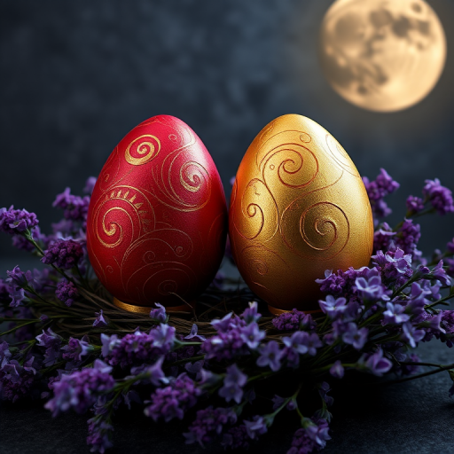 Create an artistic composition featuring two decorative eggs (one red and one gold) adorned with swirling patterns, surrounded by clusters of purple flowers, set against a textured dark background with a subtle moonlit glow, captured with a DSLR camera at f/2.8 aperture, ISO 200, 50mm lens, using a soft focus style to enhance the vibrancy of colors and depth.