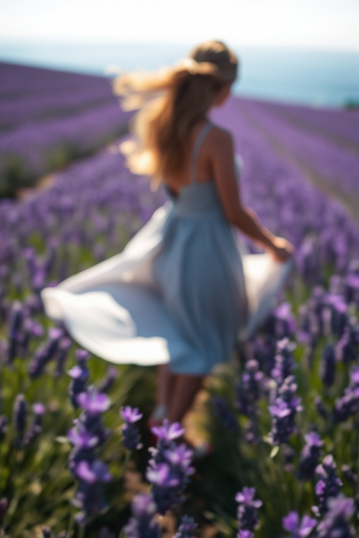 Blurry, candid photo of a woman spinning in a field of lavender, her dress flowing in the wind, sunlight filtering through the flowers, soft focus on the distant horizon where purple blends into blue sky.