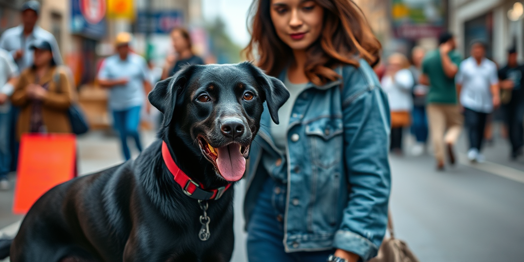 Capture a street scene featuring a woman standing next to a black dog, with a blurred crowd in the background, using a Canon EOS R5, 50mm lens, f/1.8 aperture, ISO 100, and a shallow depth of field for vibrant colors and sharp focus on the subjects.