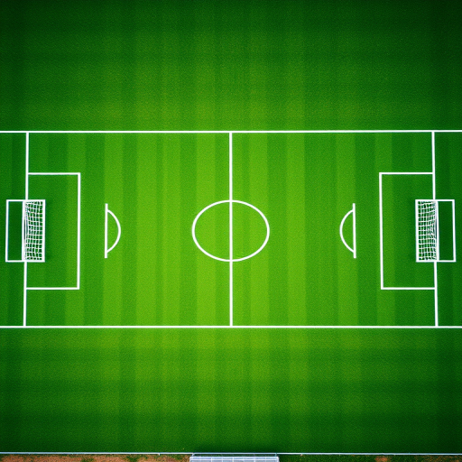 Create a detailed aerial view of a pristine soccer field with vibrant green grass, clear white lines, and two goalposts at each end, shot with a high-resolution DSLR camera at f/8 aperture, ISO 100, 24mm focal length, and a wide-angle lens for enhanced clarity.