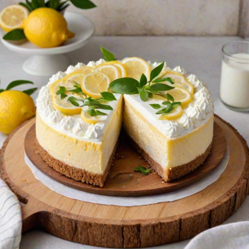 Generate an image of a lemon cheesecake with a graham cracker crust. The cheesecake is topped with lemon slices, whipped cream, and small green leaves for decoration. The setting should be simple and rustic, with a wooden serving board underneath the cake.