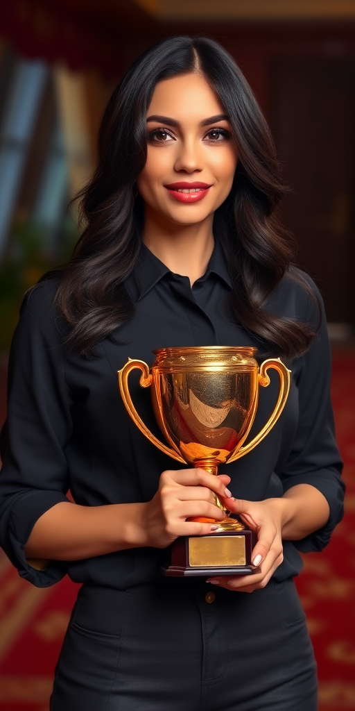 realistic image of a black hair woman, she is holding a golden trophy ans wearing a black shirt on ared carpet